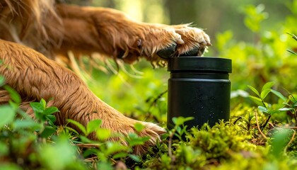 Golden Retriever Dog Paw Reaching for Black Jar in Lush Green Forest Setting.