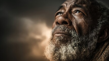 A gentle close-up of an elderly man's face reflecting strength and wisdom against a dramatic backdrop