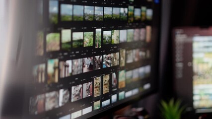 Photographer workspace multiple monitors editing. Close-up of a professional photographer or video editor's desk setup with large screens displaying stock photo previews, camera lenses