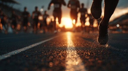 A thrilling scene of athletes training on a track field during sunset. A dynamic perspective of runners in action.
