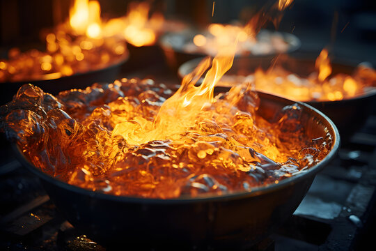 Molten metal being poured in foundry during a bright, fiery process of metal casting in a workshop environment