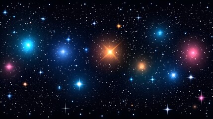 A vibrant display of glowing stars across a dark cosmos, showcasing a variety of radiant colors.