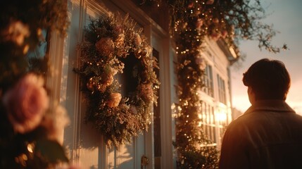 A beautifully decorated apartment door surrounded by garlands and floral wreaths at sunset, evoking a warm festive atmosphere