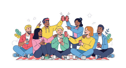 Group of friends enjoying drinks and a picnic together, having fun and celebrating