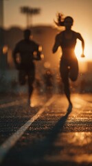 Athletes sprinting on a track field during sunset. Dynamic training session. Speed and competition in sports environment.