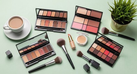 Overhead view of eyeshadow palettes, makeup brushes, lipstick, and a cup of coffee on a light green surface for a beauty blog post