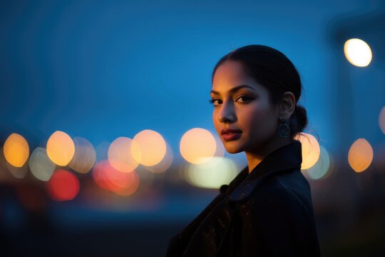Elegant woman in dark coat standing against urban night background with colorful bokeh lights, capturing stylish and serene city evening ambiance. - Powered by Adobe