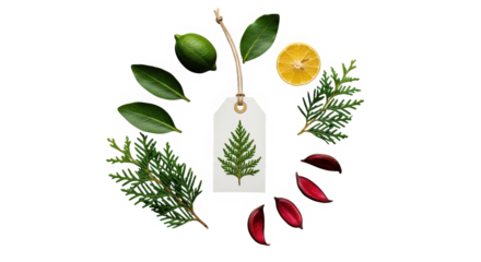 Fresh leaves and citrus fruits arranged with a decorative tag  