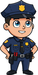 Cute cartoon police officer in dark blue uniform with hat, smiling face, utility belt, and confident pose, vector character design.