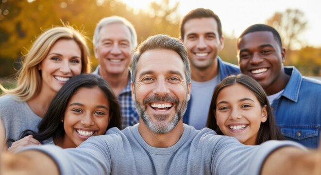 Happy Diverse Family Group Taking Selfie in Sunny Park Outdoor