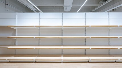 Empty Retail Shelves in a Store, Ready for Products and Merchandise Display, Featuring a Modern Interior Design