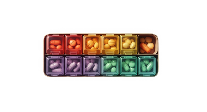 Colorful organized weekly pill organizer with various medications  
