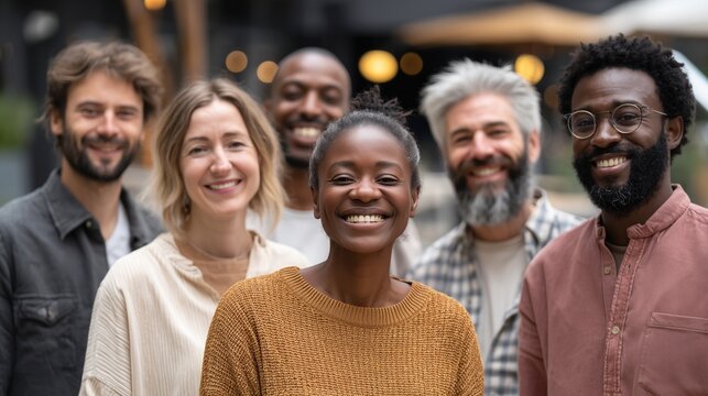 Diverse group of smiling people posing together outdoors, showcasing friendship, community, and positive social connection in a lively setting. - Powered by Adobe