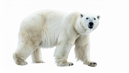 Fototapeta premium Polar bear with thick white fur massive body sharp claws strong Arctic predator animal isolated on white background 