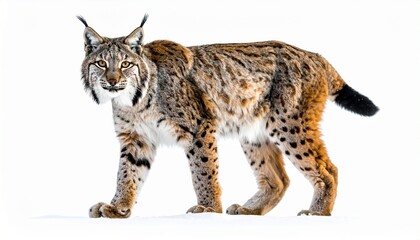Lynx with tufted ears short tail thick fur sharp claws medium wild cat predator animal isolated on white background