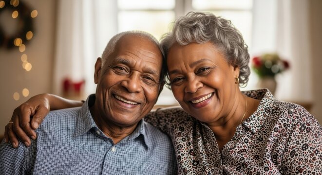 Elderly African American Couple Smiling Warmly Hugging in Cozy Home