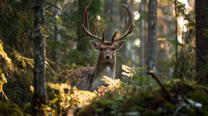 A majestic deer with large antlers standing amidst the lush greenery of a dense forest setting