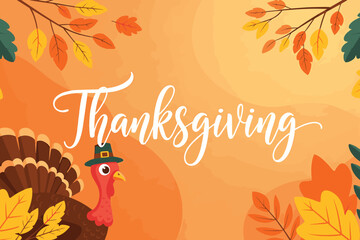 A festive thanksgiving background with a cartoon turkey, autumn leaves, and elegant script lettering, creating a warm and inviting seasonal atmosphere vector illustration