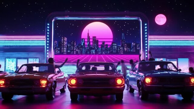 Vibrant retrowave dreamscape of a futuristic drive-in party with vintage automobiles and a glowing neon cityscape under a digital sunset