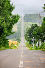The Roller Coaster Road, Long Straight Road Through Countryside Hills in Biei, Hokkaido, Japan