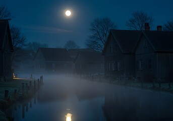 Fototapeta premium Moonlit Canal: A Village's Silent Night