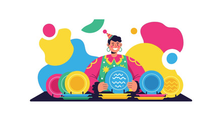 Naklejka premium Illustration of a man with a clown hat holding plates and abstract background