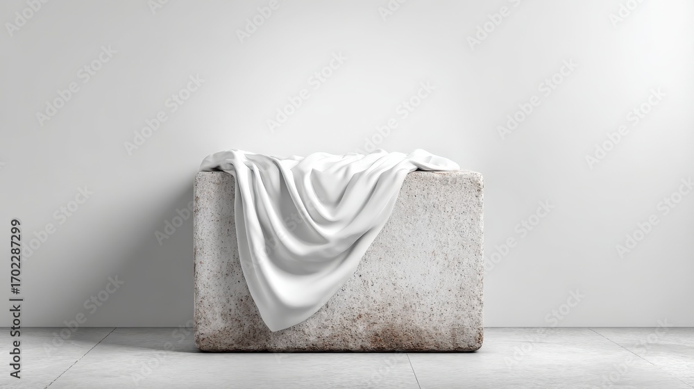 Aufkleber minimalist product display with white fabric draped over a textured block against a neutral wall bac