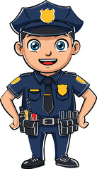 Happy cartoon police officer in navy blue uniform with badge, hat, utility belt, and confident pose, vector character design.