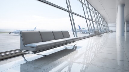 Fototapeta premium Modern Airport Waiting Area with Large Windows Overlooking Airplanes on the Tarmac