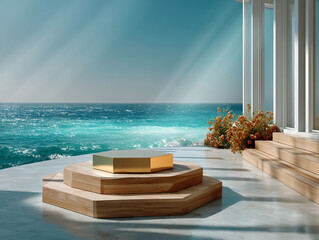 Obraz premium Geometric wooden podium with golden top on terrace by ocean under clear sky with sunlight and flowers