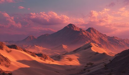 Fototapeta premium Desert mountains at sunset. Pink clouds