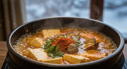 Hot spicy tofu stew with vegetables and herbs in a clay pot  
