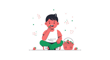 Illustration of a Child Enjoying Strawberries from a Basket in a Simple Style