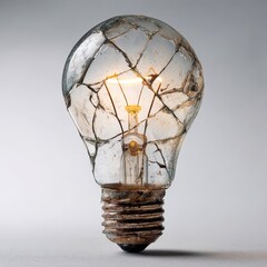A broken incandescent light bulb with its filament glowing brightly against a neutral background