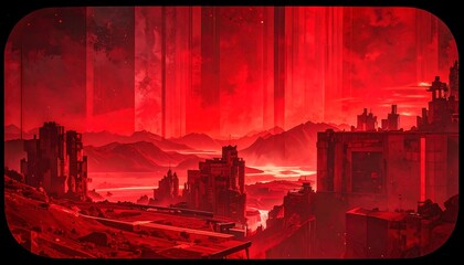 Obraz premium A desolate, crimson landscape with towering rock formations and an ominous, atmospheric sky. Abstract, surreal depiction