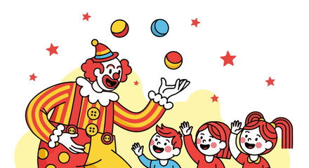 Naklejka premium Illustration of a clown entertaining children with juggling balls at a circus show