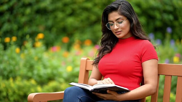 A beautiful woman in glasses is sitting on a park bench and reading a book.