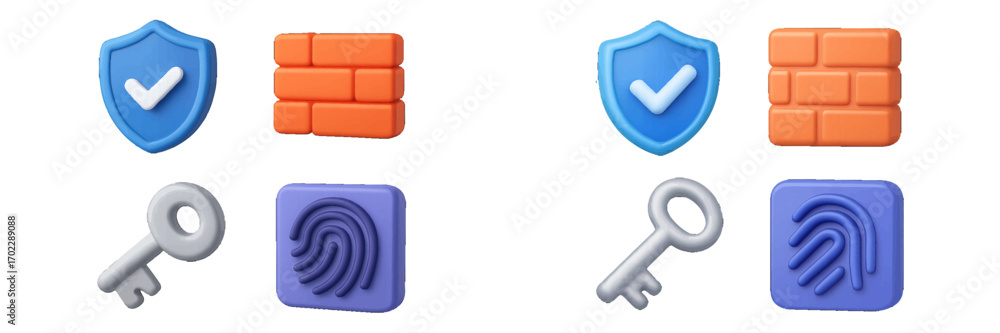 Aufkleber essential digital security and access control symbols including shield with checkmark, firewall, key