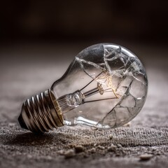 Close up of a broken incandescent light bulb lying on a rough textured surface with dramatic lighting