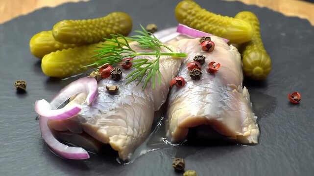 Delicious Rolled Herring with Pickled Cucumbers and Red Onion