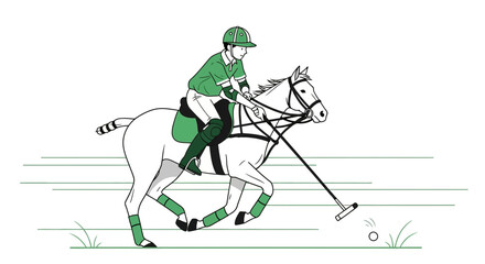 Illustration of a polo player riding a horse with a mallet striking the ball in sport