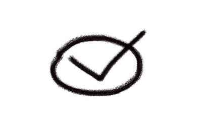 A handdrawn black checkmark inside an oval isolated on transparent background