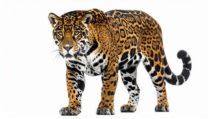 Fototapeta premium Jaguar with golden yellow fur black rosette spots muscular frame stealthy predator cat isolated on white background 
