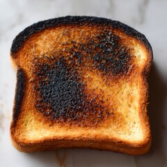 Close up overhead view of a single slice of burnt toast with dark charred areas and golden brown edges