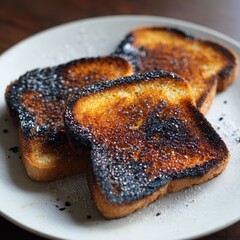 Close up of three slices of perfectly toasted golden brown bread on a white plate with dark crumbs