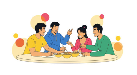 Illustration of a diverse group of friends enjoying a meal together, discussing excitedly
