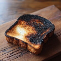 A single slice of burnt toast with dark charred edges sits on a rustic wooden cutting board