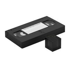 Obraz premium Pristine matte black VHS tape with white label & embossed text, beside polished dark acrylic cube, isolated on transparent, bright shadowless studio lighting, commercial product photography concept