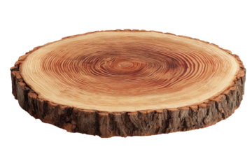 Polished wood slice, round, showing concentric rings and bark edge