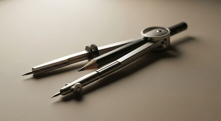 Elegant metallic compass with a graphite pencil on a plain surface